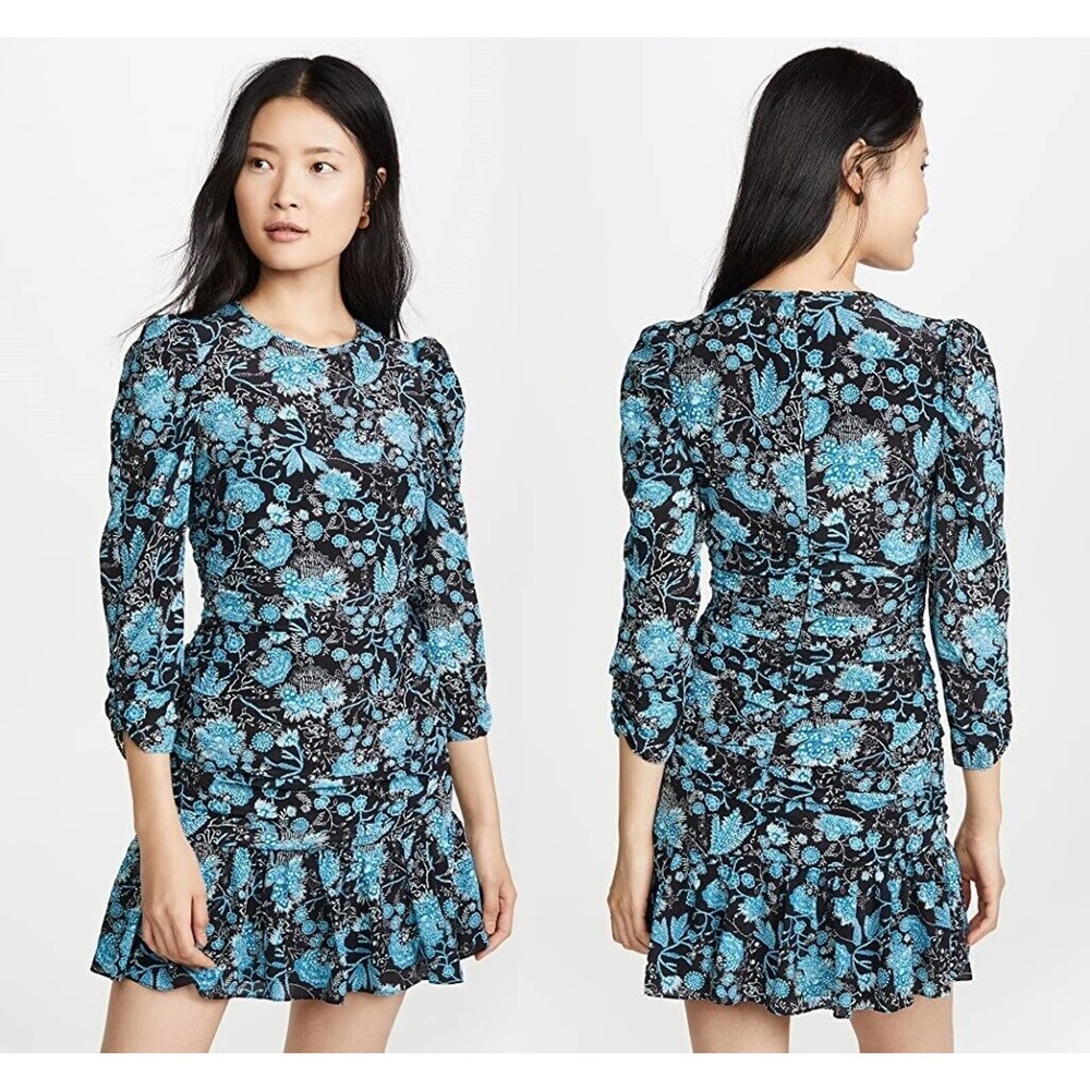 Tanya Taylor Size 0 Ruched Raven Mini Dress‎ Blue Paisley Floral Ruffle Hem Silk